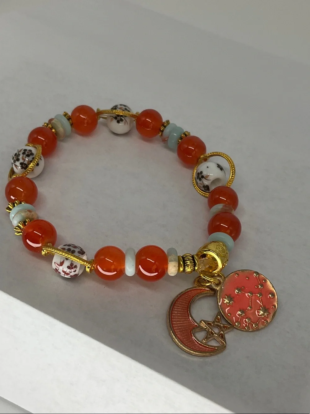 Gold Charm Crescent Moon & Star Orange Beaded Stretch Bracelet